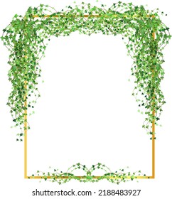 Golden frame with green  branch.Abstract invitation design with leaves, tvigs and  geometric frame.Herbal minimalistic vector frame.Greenery wedding square invitation.