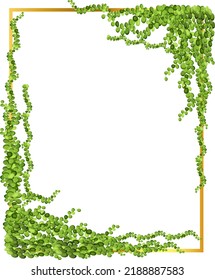 Golden frame with green  branch.Abstract invitation design with leaves, tvigs and  geometric frame.Herbal minimalistic vector frame.Greenery wedding square invitation.