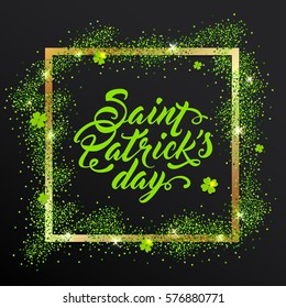 Golden frame with green clover leaves and lettering on a black background for St. Patrick's Day