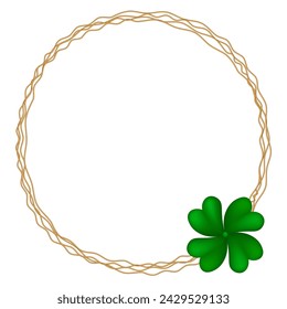 Golden frame with a green quatrefoil isolated on a transparent background. Happy St. Patrick's Day. Vector illustration.