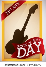 Golden frame with guitar silhouette in brush stroke style and decorate with greeting ribbons to celebrate Rock 'n' Roll Day this 13th July.