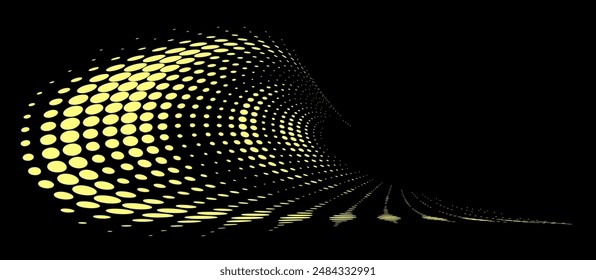 Golden frame of halftone polka dots on black background with radiant glow (as an example of use). Vector.