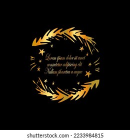 Golden frame with hand sketched fir branches. Winter and festive theme. Greeting card or print vector illustration.