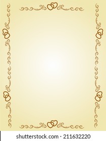  Golden frame with hearts for congratulations. Symbol of love. Empty background. Graphic abstract vector illustration. Postcard print, template. For text, wedding invitations, engagement, dates, meeti