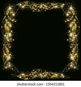 golden frame with hearts effects of light. Preparation for postcard Christmas wedding Shining rectangle. on a black background. Vector illustration, EPS 10.