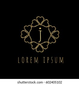 Golden frame of hearts letter J vector logo design template
