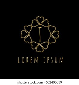 Golden frame of hearts letter T vector logo design template