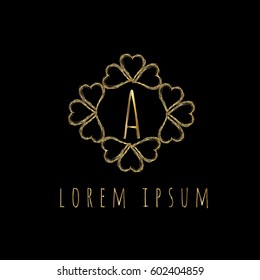 Golden frame of hearts letter A vector logo design template