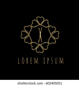 Golden frame of hearts letter X vector logo design template