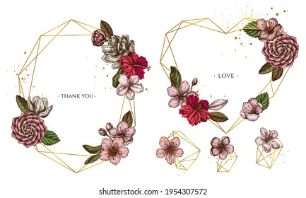 Golden frame with hibiscus, plum flowers, peach flowers, sakura flowers, magnolia flowers, camellia japonica