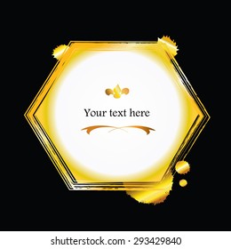  Golden frame. Honey comb concept. Hexagon gold border on black. Paint with brush strokes,splashes and blot beeswax stain. As page design, as symbol of natural,healthy product.  Eps 10.