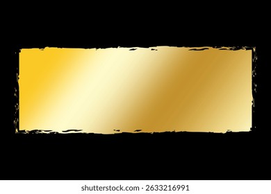 Golden frame icon. Distressed edge rectangle. Vector shape on black. Shiny textured background.