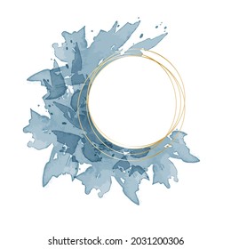 Golden frame with ink splashes. Round frame template on white background.