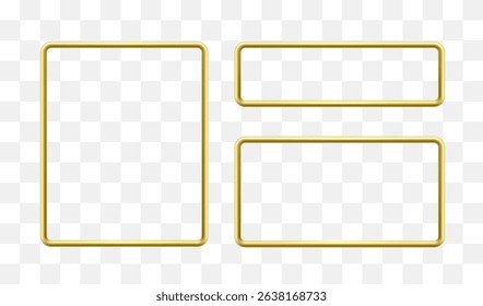 Golden frame label, event bar button, gold signboard, transparent background. Vector illustration