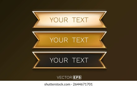 Golden frame label, set color, event bar button, gold signboard. Vector illustration