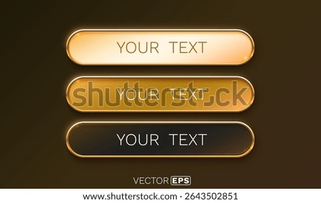 Golden frame label, set color, event bar button, gold signboard. Vector illustration