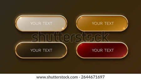Golden frame label, set color, event bar button, gold signboard. Vector illustration