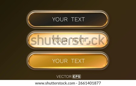 Golden frame label, set color, event bar button, gold signboard. Vector illustration