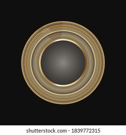 Golden Frame With Lace Ornament In Circle On Black Background. Art Deco. Luxury Gold Round Mandala, Hand Draw Design. Ethnic Motif. Abstract Vector Illustration.Template Design For Invitation.