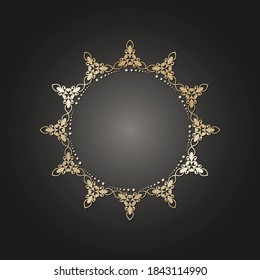 Golden frame with lace ornament in circle on black background. Art deco. Luxury gold round mandala, hand draw design. Ethnic motif. Abstract vector illustration. Template design for invitation.