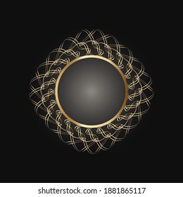 Golden frame with lace ornament in circle on black background. Art deco. Luxury gold round mandala, hand draw design. Ethnic motif. Abstract vector illustration.Template design for invitation.