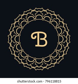 Golden frame with letter B, border, line art icon. Vector linear floral geometric motif. Isolated design element for brochure, invitation card, logo, monogram, emblem. Gold and black background