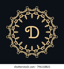Golden frame with letter D, border, line art icon. Vector linear floral geometric motif. Isolated design element for brochure, invitation card, logo, monogram, emblem. Gold and black background