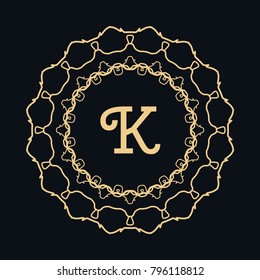 Golden frame with letter K, border, line art icon. Vector linear floral geometric motif. Isolated design element for brochure, invitation card, logo, monogram, emblem. Gold and black background