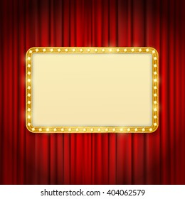 golden frame with light bulbs on red curtains background. vector design template