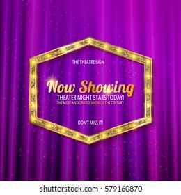 golden frame with light bulbs on pink curtains background. vector design template