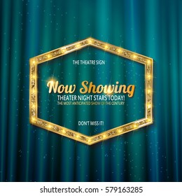 golden frame with light bulbs on turquoise curtains background. vector design template
