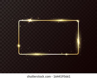 Golden frame with light effect. Shining rectangle banner on dark transparent background. Gold luxury glowing frame. Bright border with sparkles and stars. Vector illustration