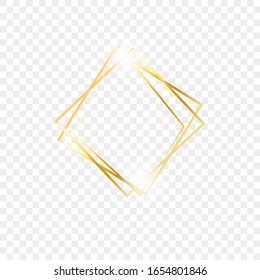 Golden frame with light effect. Golden shiny frame or border with glare and glitters isolated on transparent background. Vector