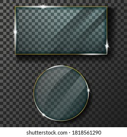 Golden frame with light effects. glass round and rectangular plates realistic, icon isolated on black transparent background. Vector illustration