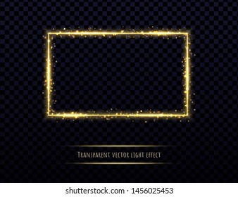 Golden frame with light effects isolated on transparent background. Shining rectangle border with glowing sparkles.