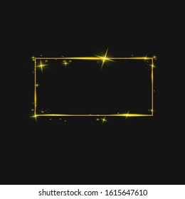 Golden frame with lights effects.  Isolated on black transparent background. Golden shiny frames with dust isolated