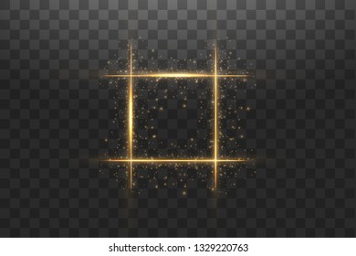 Golden frame with lights effects. Shining luxury banner vector illustration. Glow line golden frame with sparks and spotlight light effects. Shining square banner isolated on black transparent
