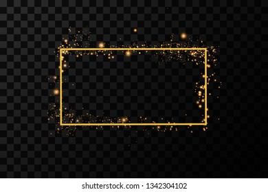  Golden frame with lights effects. Shining rectangle banner. Isolated on black transparent background. Vector illustration, eps 10