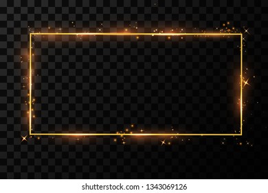  Golden frame with lights effects. Shining rectangle banner. Isolated on black transparent background. Vector illustration, eps 10
