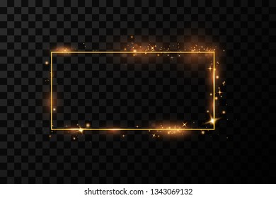  Golden frame with lights effects. Shining rectangle banner. Isolated on black transparent background. Vector illustration, eps 10
