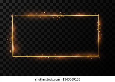  Golden frame with lights effects. Shining rectangle banner. Isolated on black transparent background. Vector illustration, eps 10
