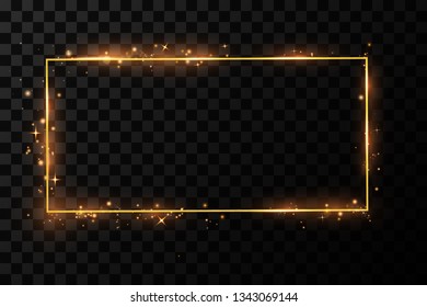  Golden frame with lights effects. Shining rectangle banner. Isolated on black transparent background. Vector illustration, eps 10
