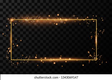  Golden frame with lights effects. Shining rectangle banner. Isolated on black transparent background. Vector illustration, eps 10
