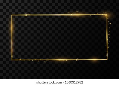  Golden frame with lights effects. Shining rectangle banner. Isolated on black transparent background. Vector illustration, eps 10
