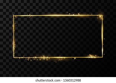  Golden frame with lights effects. Shining rectangle banner. Isolated on black transparent background. Vector illustration, eps 10
