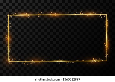  Golden frame with lights effects. Shining rectangle banner. Isolated on black transparent background. Vector illustration, eps 10
