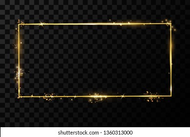  Golden frame with lights effects. Shining rectangle banner. Isolated on black transparent background. Vector illustration, eps 10
