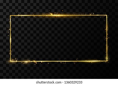  Golden frame with lights effects. Shining rectangle banner. Isolated on black transparent background. Vector illustration, eps 10
