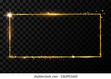  Golden frame with lights effects. Shining rectangle banner. Isolated on black transparent background. Vector illustration, eps 10
