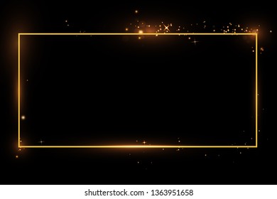  Marco dorado con efectos de luces. Pancarta de rectángulo brillante. Aislado sobre fondo negro transparente. Ilustración del vector, pasos 10
